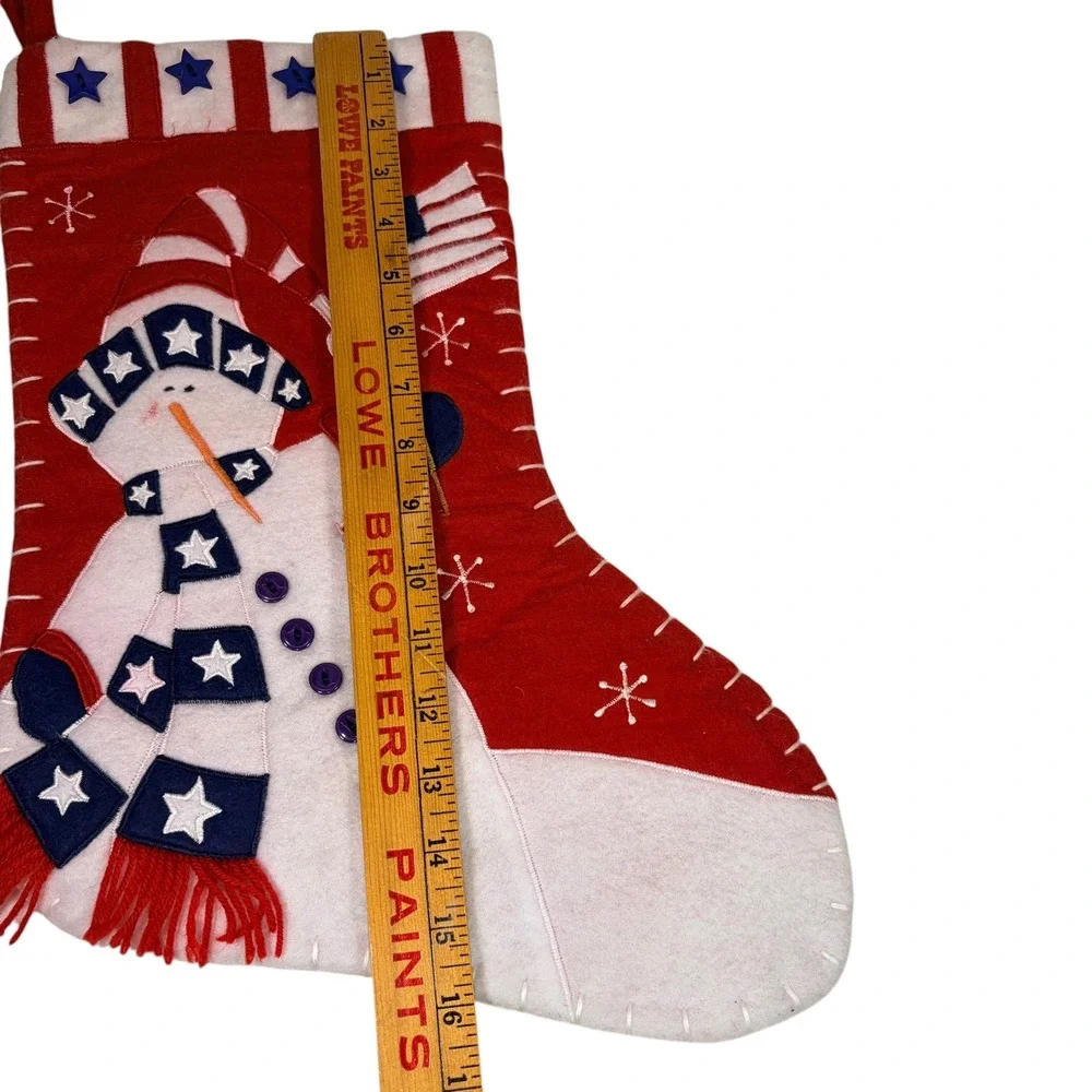 VTG 90s Patriotic Snowman Christmas Stocking Red Felt Americana Stars Stripes